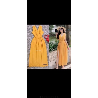 Đầm maxi vàng xẻ tà