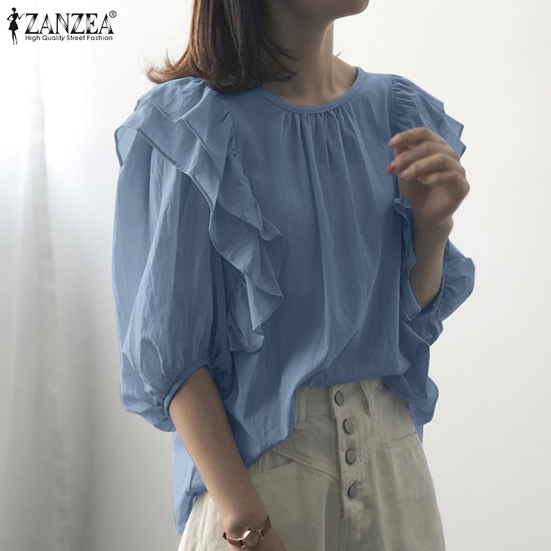 Áo kiểu Zanzea tay phồng cổ tròn màu trơn phong cách Hàn Quốc thời trang cho nữ