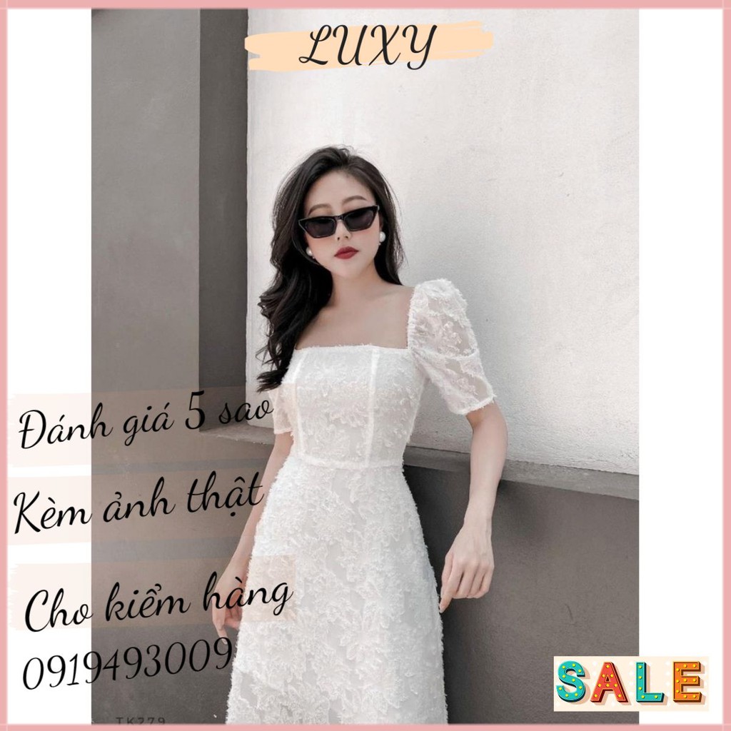 Đầm dự tiệc trắng vintage cổ vuông tay phồng Hàng Thiết Kế
