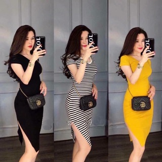 Váy body cổ tim xẻ tà (vàng, đen, kẻ)