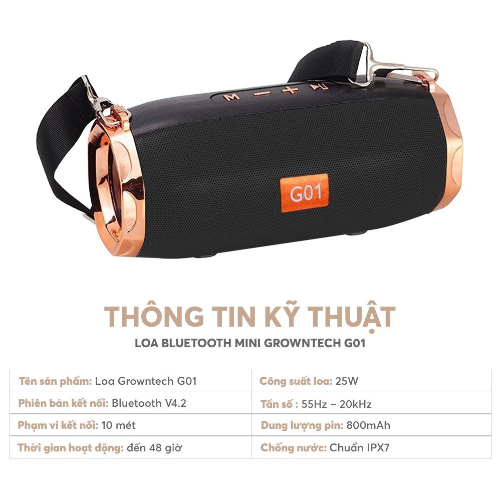 Loa bluetooth không dây GrownTech ET 805 bass mạnh vỏ thép chống nước tặng dây đeo