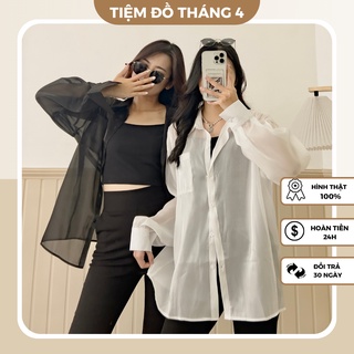 Áo Sơ Mi Nữ Form Rộng Tay Dài Màu Trắng Đen Kèm Áo Croptop Hai Dây, Set Áo Sơmi Đi Biển Cao Cấp ORGANZA SET
