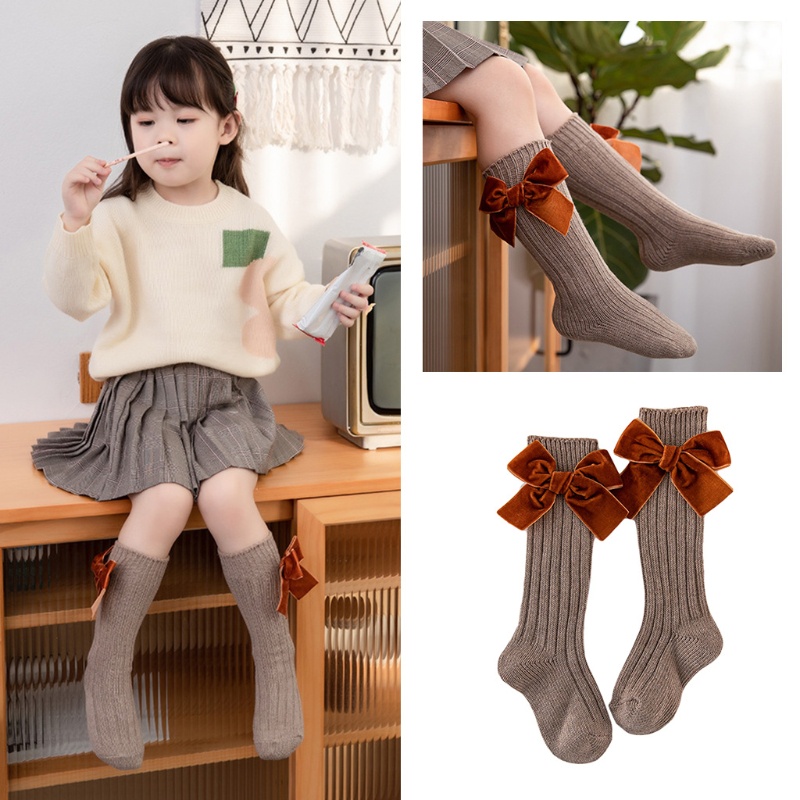 Vớ Cotton Nhung Dệt Kim Cao Tới Gối Màu Trơn Đính Nơ Dễ Thương Cho Bé Gái Sơ Sinh