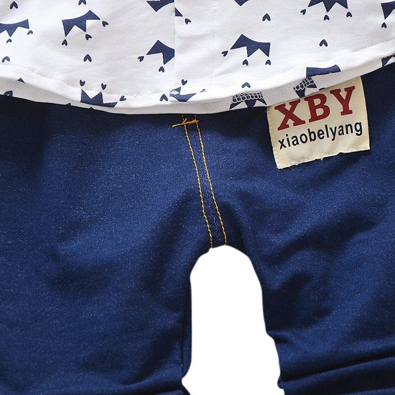 Set áo sơ mi dài tay họa tiết vương miện và quần jeans dài đáng yêu cho bé trai