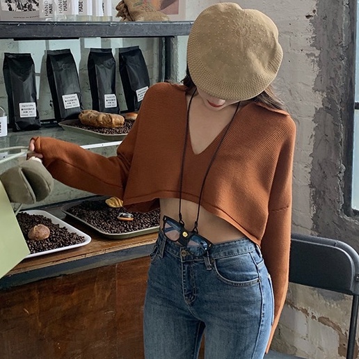 IELGY Áo polo dệt kim mỏng dáng rộng cổ chữ V phong cách retro phương tây