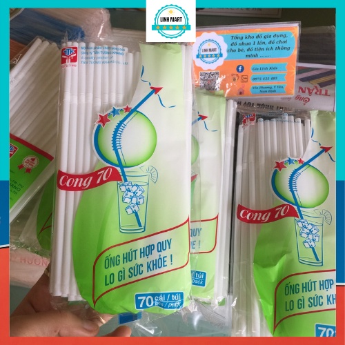 Ống hút nhựa trắng cao cấp bẻ cong được gói 70 ống LINHMART