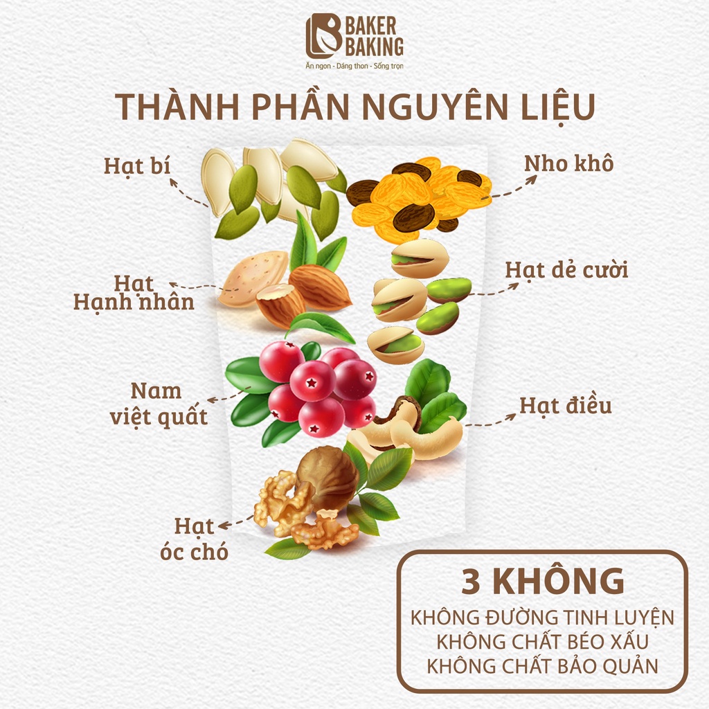 Hạt dinh dưỡng tổng hợp Mixed Nuts Baker Baking không đường có hoa quả khô bổ sung dinh dưỡng cho mẹ bầu 300-500g