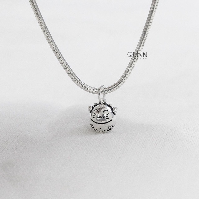 Lắc tay dây giun charm mèo béo, Lắc tay bạc nữ treo charm