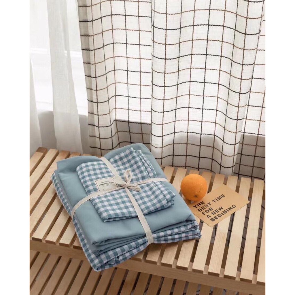 Bộ chăn ga gối ga giường cotton tici Hàn Quốc các mẫu kẻ basic mới nhất - Ngân Khánh Bedding drap giường