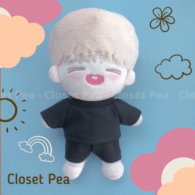 Bộ quần áo đen chỉ đen cho doll 15cm 20cm