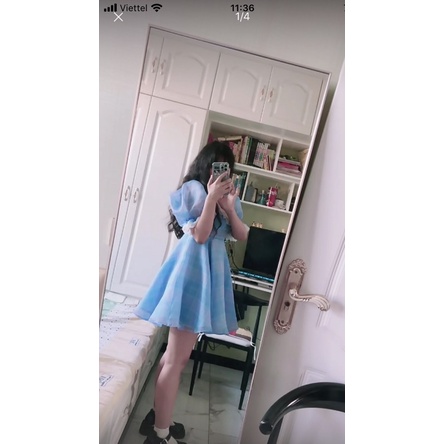 Đầm babydoll TRIỆU LỘ TƯ tay áo phồng ren xanh khâu váy phồng ngọt ngào
