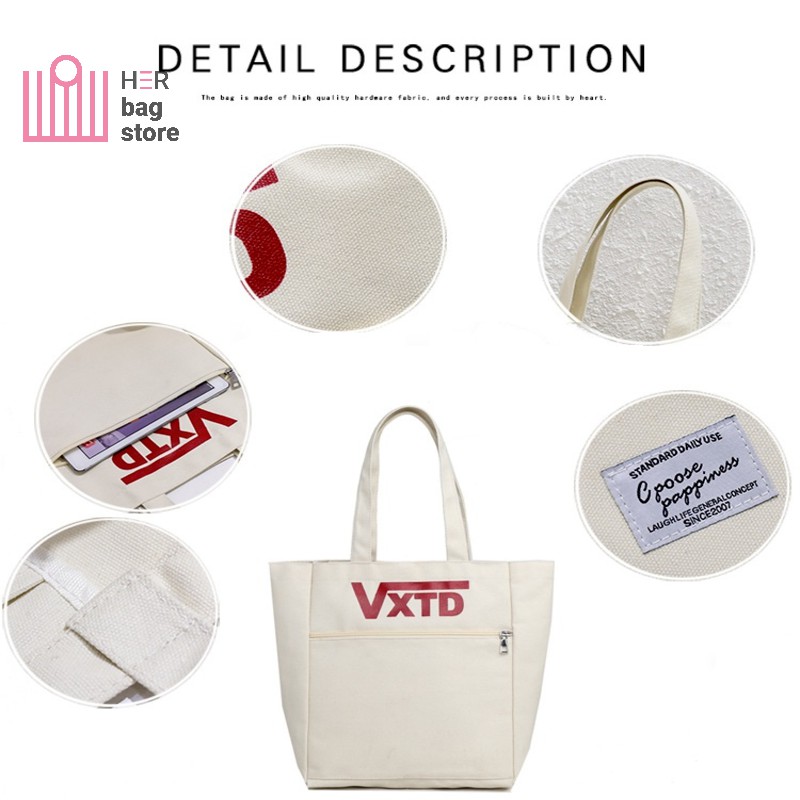 Túi tote đeo vai giá rẻ vải canvas mềm trơn đẹp đi học phong cách Nhật Bản có túi phụ nhỏ bên ngoài