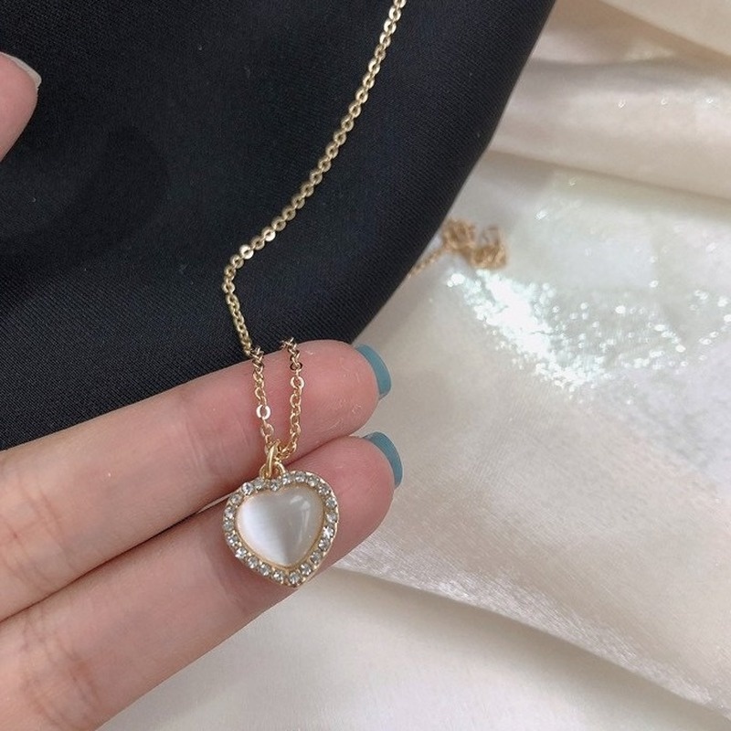 Vòng cổ mặt trái tim đính đá opal phong cách Hàn Quốc thời trang
