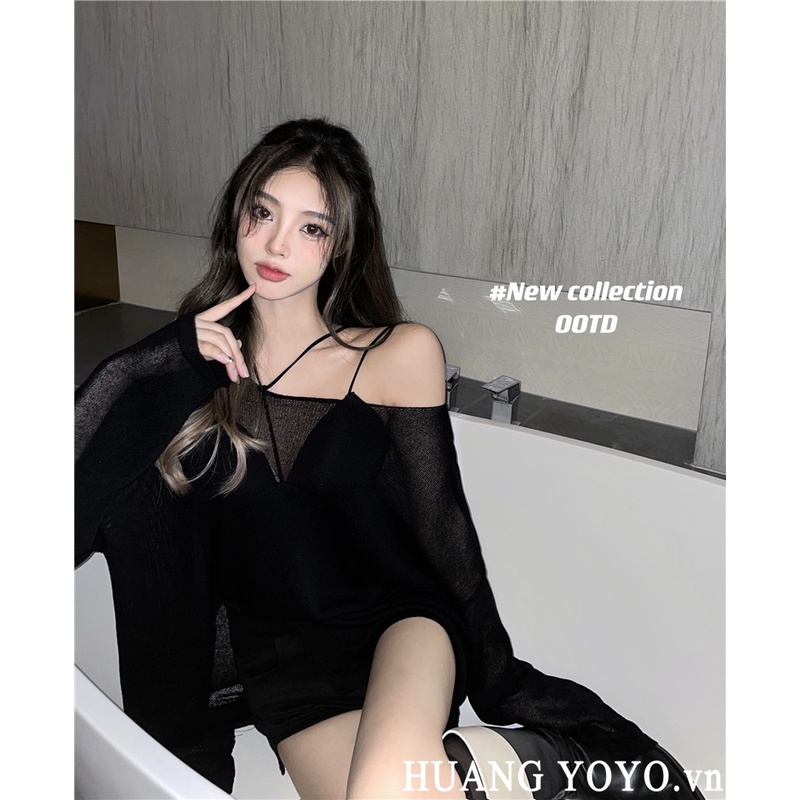 Áo Dệt Kim Mỏng Tay Dài Xẻ Tà Màu Đen Phong Cách Hàn Quốc Thời Trang Cho Nữ