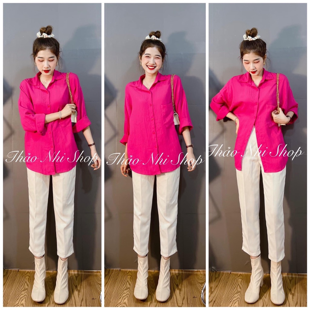 Set áo sơ mi thụng hồng sen túi ngực phối quần baggy BN373