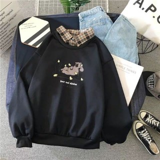 Áo sweater phối cổ sơ mi có ảnh thật sẵn đen size L