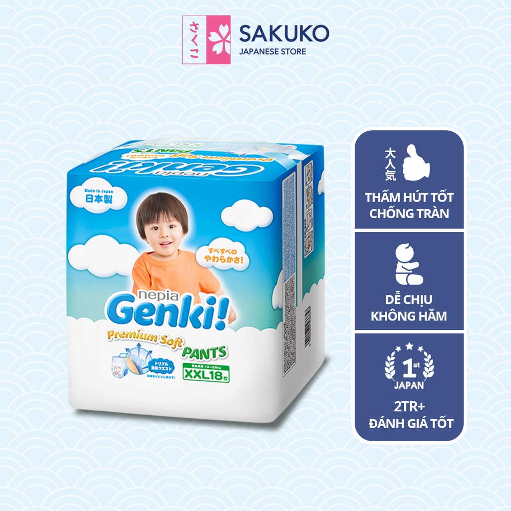 Tã Bỉm Quần GENKI Bề Mặt Bông Thông Minh Mềm Mịn Thấm Hút Nhanh Các Size 32M/30L/26XL/18XXL Dành Cho Bé