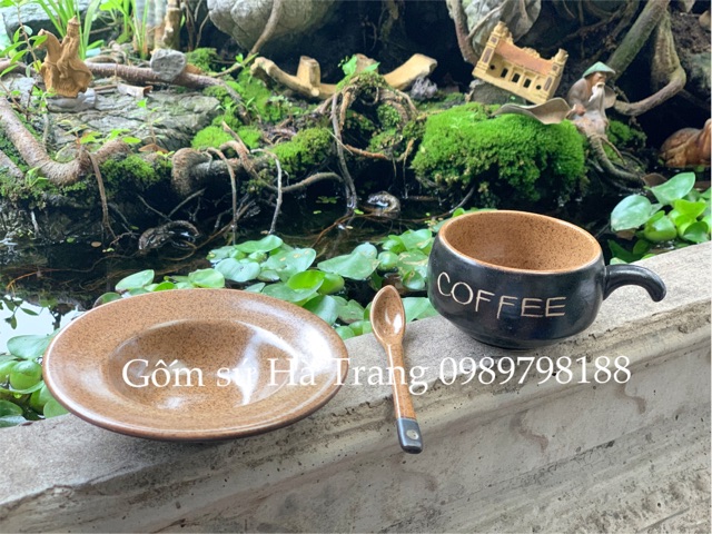 Set cốc đĩa cafe nóng dung tích 150ml gốm sứ Bát Tràng cao cấp men đen lòng nâu sang chảnh