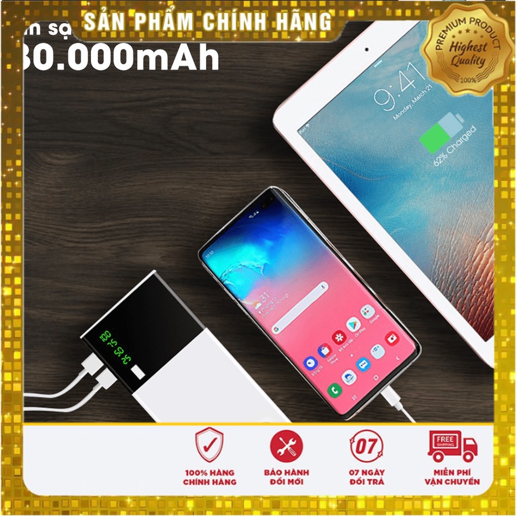 Sạc Dự Phòng 30000mAh Tích Hợp Sạc Nhanh Fast Charge Mặt Kính hiển thị pin. 2USB Có Đèn nhỏ gọn siêu tiện lợi |Tuan
