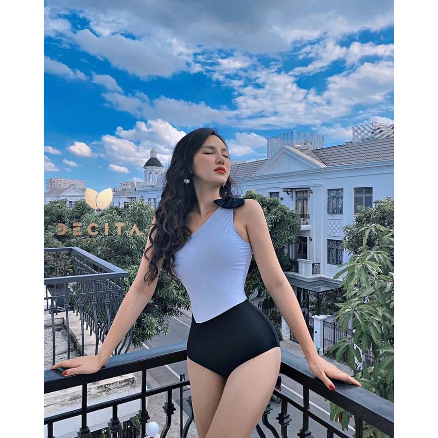 Bikini lệch vai đồ bơi 1 mảnh chéo vai trắng đen siêu đẹp sexy