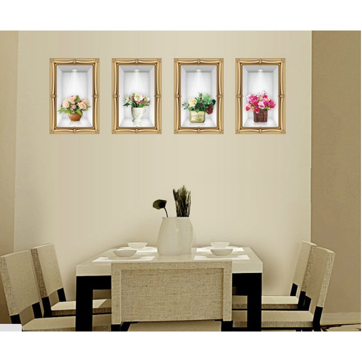 [sale sốc] Hình decal dán tường 4 bình hoa 3D