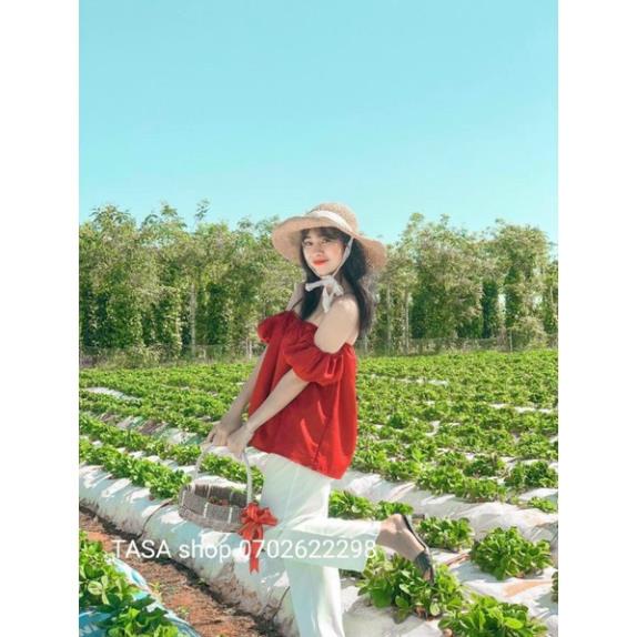 TBO-Video ảnh thật,Sét áo đỏ trễ vai tay rộng mặc 2 kiểu kèm quần trắng ống rộng cực cá tính TASA