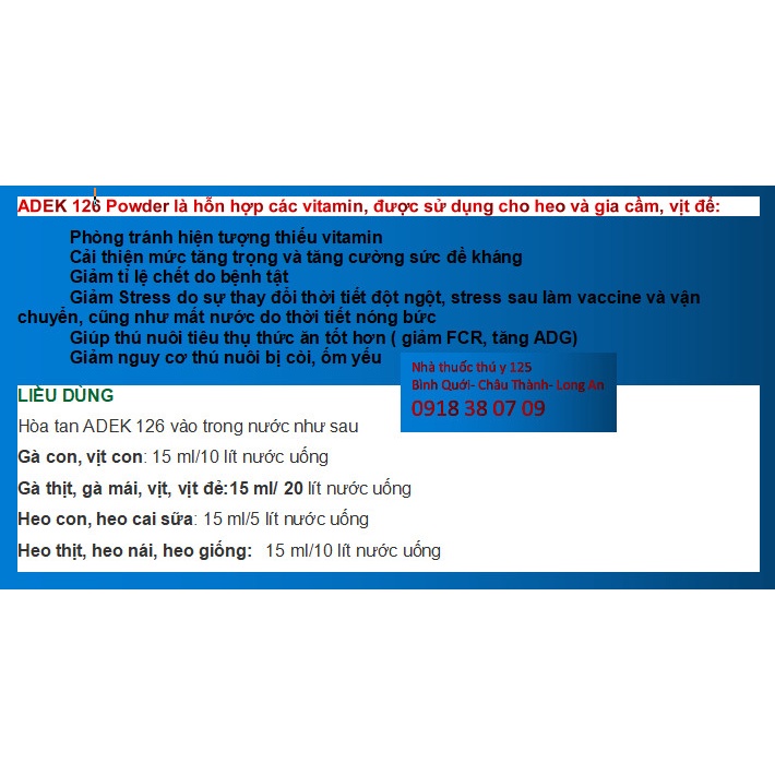 ADEK 126 500ml. Giúp gia cầm đỏ mặt trước xuất chuồng. tăng sức đề kháng