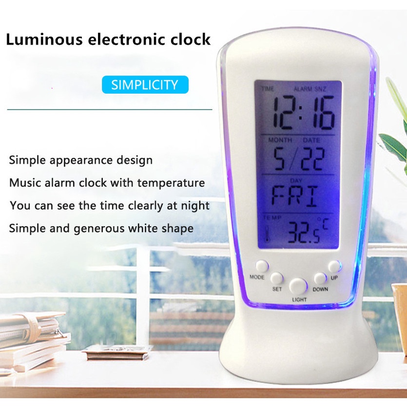 Đồng Hồ Báo Thức Điện Tử Có Đèn Led Hiển Thị Nhiệt Độ Và Lịch Với Màn Hình Led Màu Xanh Dương
