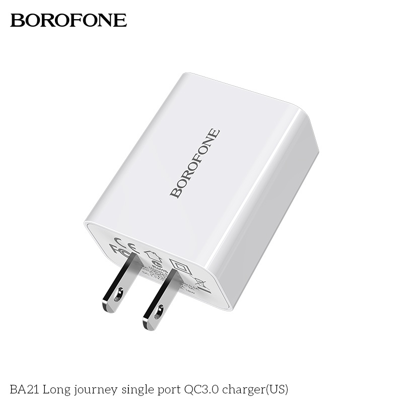 Củ sạc 18W BOROFONE BA21 cổng ra USB hỗ trợ công nghệ sạc nhanh PD, QC, PFC, AFC, chân cắm dẹt US