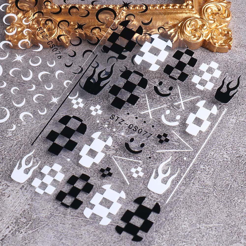 Miếng Dán Trang Trí Móng Tay Hình Mặt Trăng / Kẻ Ô / Mặt Trời Màu Trắng Đen DIY