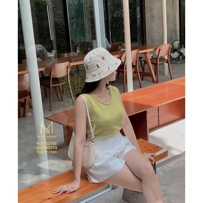 Áo len dệt kim sát nách cổ viền bính minie màu xanh bơ hottrend cute thời thượng