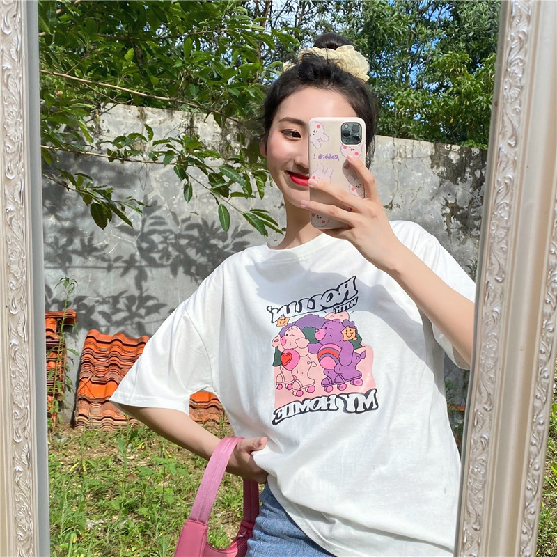 Áo Thun Nữ Tay Ngắn Dáng Rộng In Hình Cá Tính Phong Cách Hàn Quốc
