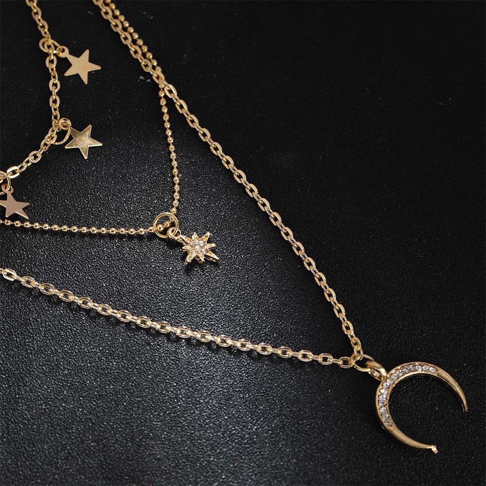 Vòng cổ choker nhiều lớp hình mặt trăng ngôi sao phong cách cổ điển