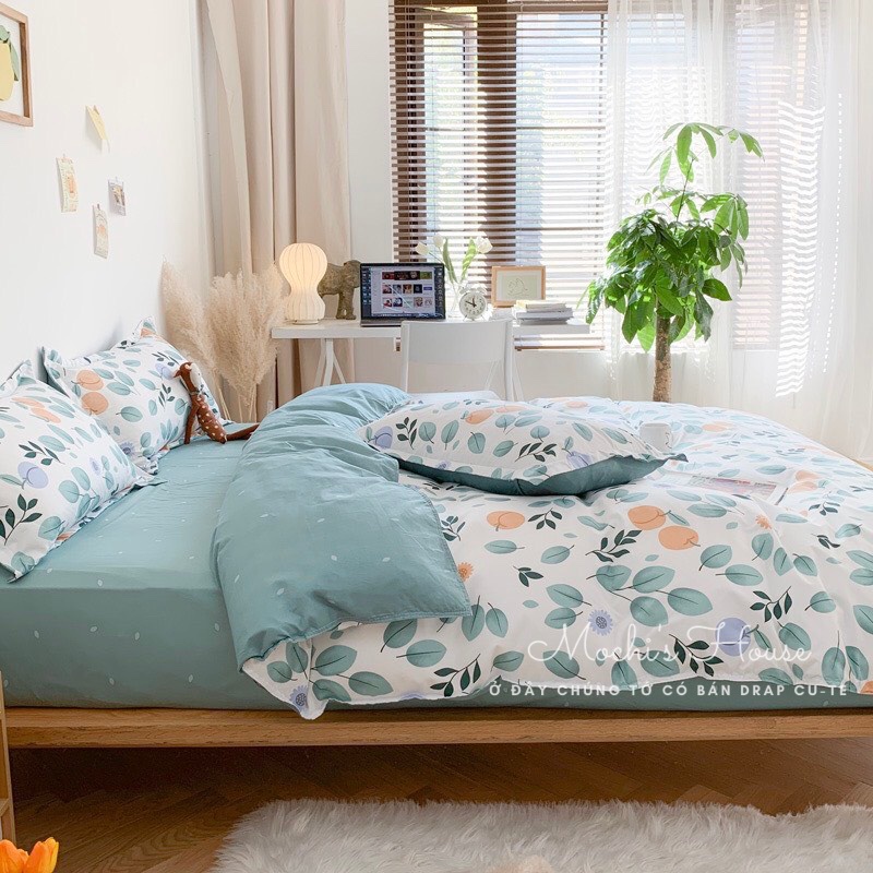 [VẢI SIÊU ĐẸP] BỘ CHĂN GA GỐI COTON POLY MẪU CÀNH CAM GA XANH LÁ XINH XẮN DRAP GIƯỜNG | BigBuy360 - bigbuy360.vn