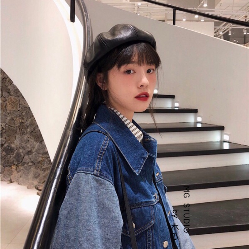 Mũ nồi da họa sĩ màu đen phong cách retro thời trang thu đông cho nữ