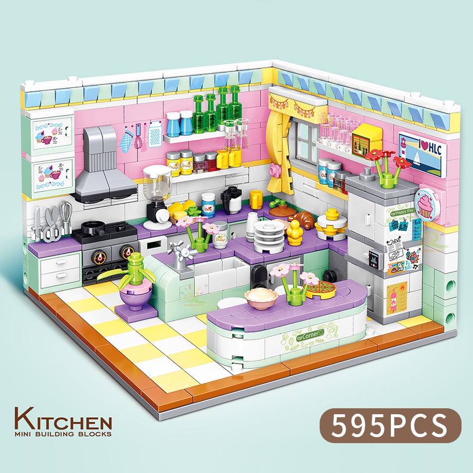 595 cái tương thích khối xây dựng đồ chơi nhỏ đồ chơi nhà bếp cho trẻ em xếp hình đồ chơi lắp ráp