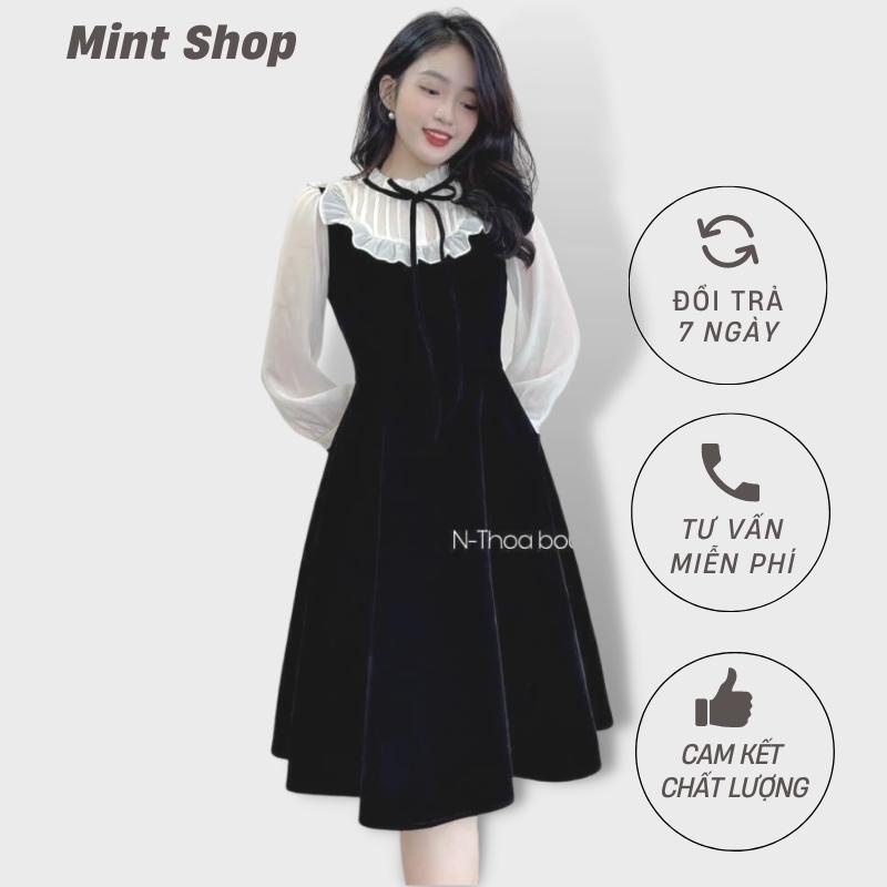 Váy đầm nữ đi chơi đi tiêc, cổ nhún bèo thắt nơ phối tay voan xinh xắn 2 màu đen trắng, đỏ trắng nổi bật