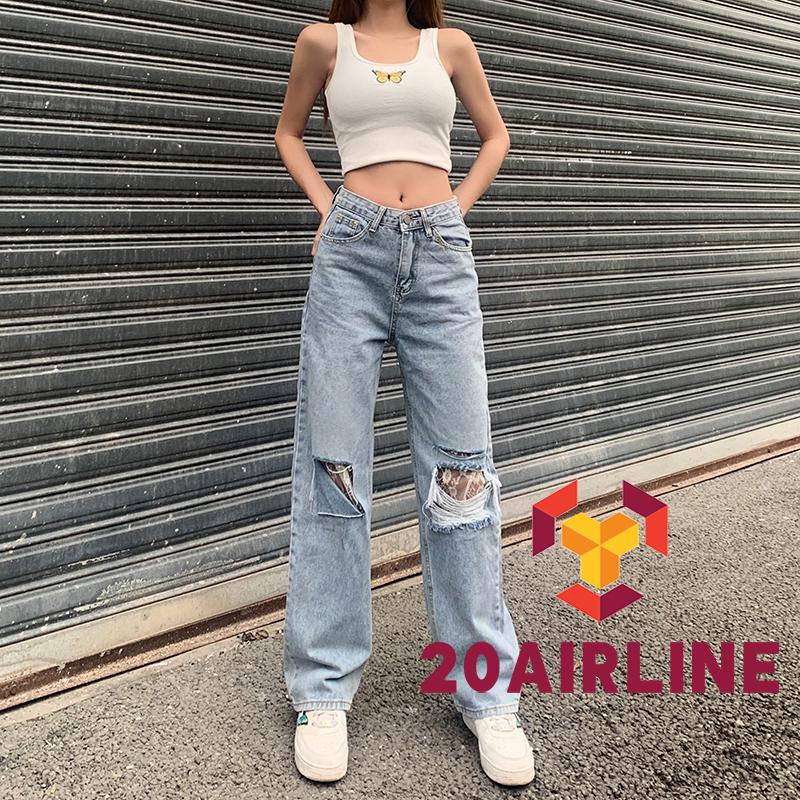 Quần jeans dài phối ren rách lưng cao size S/M/L cho nữ