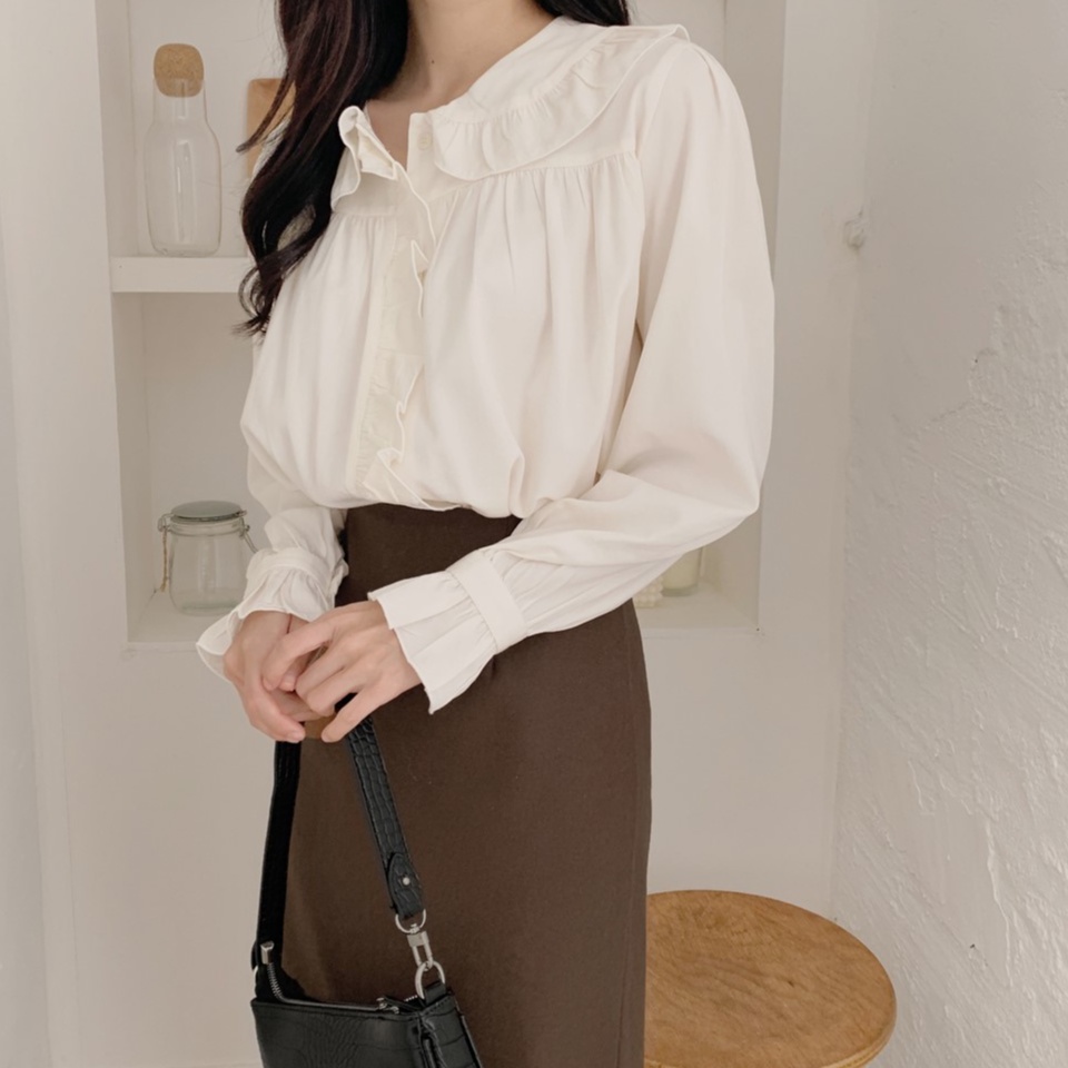 Set Áo Sơ Mi Tay Dài Màu Sắc Đơn Giản + Chân Váy Lưng Cao Xẻ Tà 31964