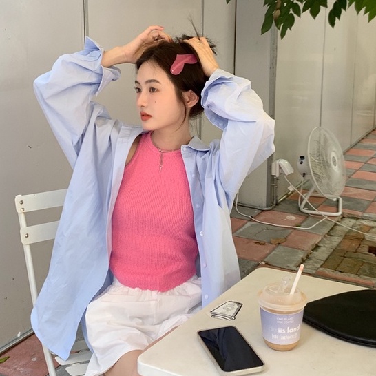 QKOOLE Áo sơ mi nữ  tay dài dáng rộng hở lưng phong cách Hàn Quốc thời trang