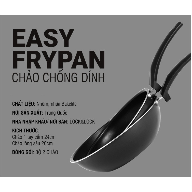 Bộ 2 chảo chống dính Lock&amp;Lock Easy Frypan 2P Set LEY1243S2 không dùng cho bếp từ - Hàng chính hãng - JoyMall