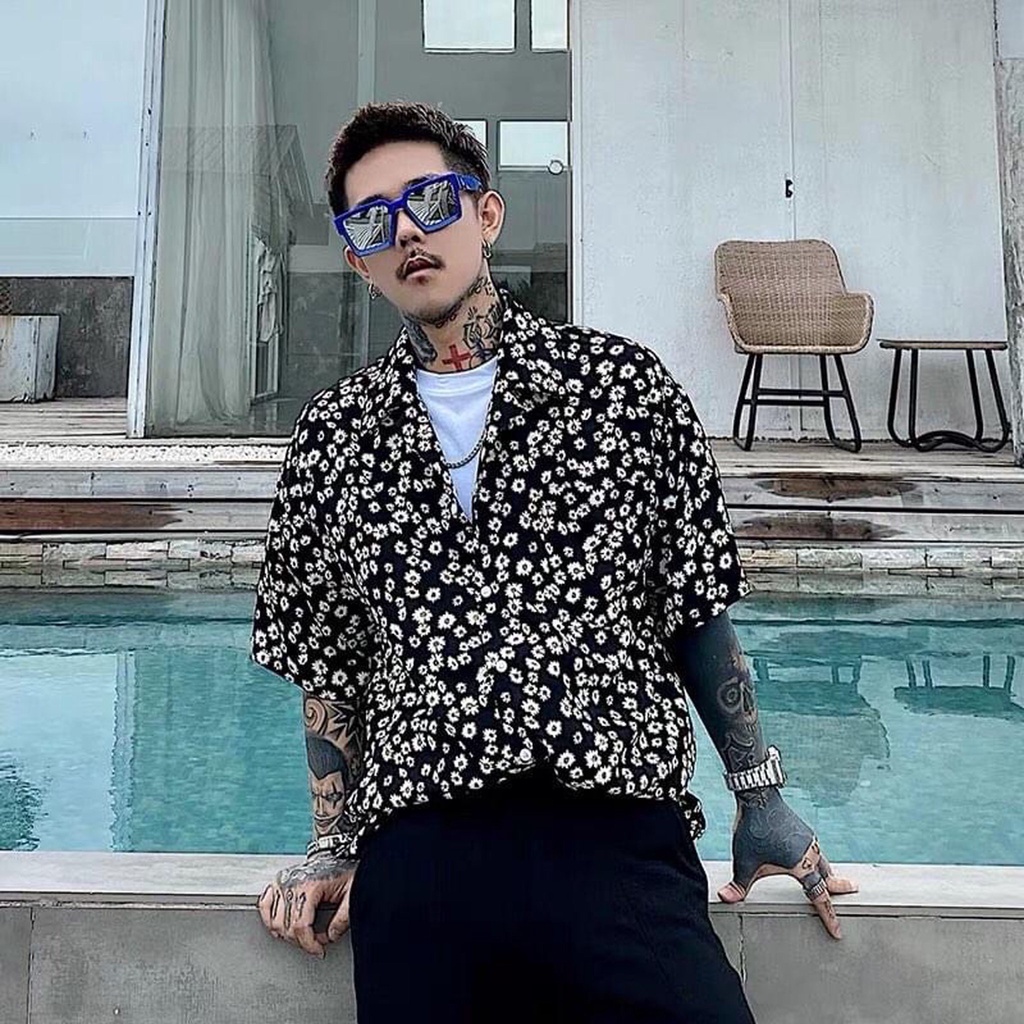 Áo sơ mi Hawaii Nam Nữ Hoa Cúc Nhí trắng/đen fullsize 45-85kg