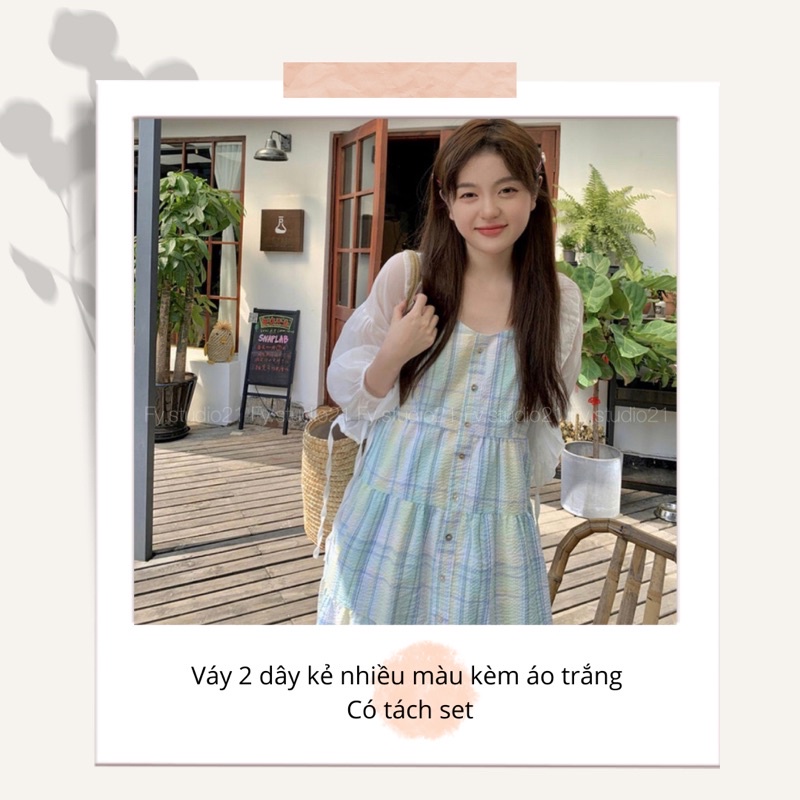 Có ảnh thật - Váy 2 dây kẻ nhiều màu kèm áo trắng