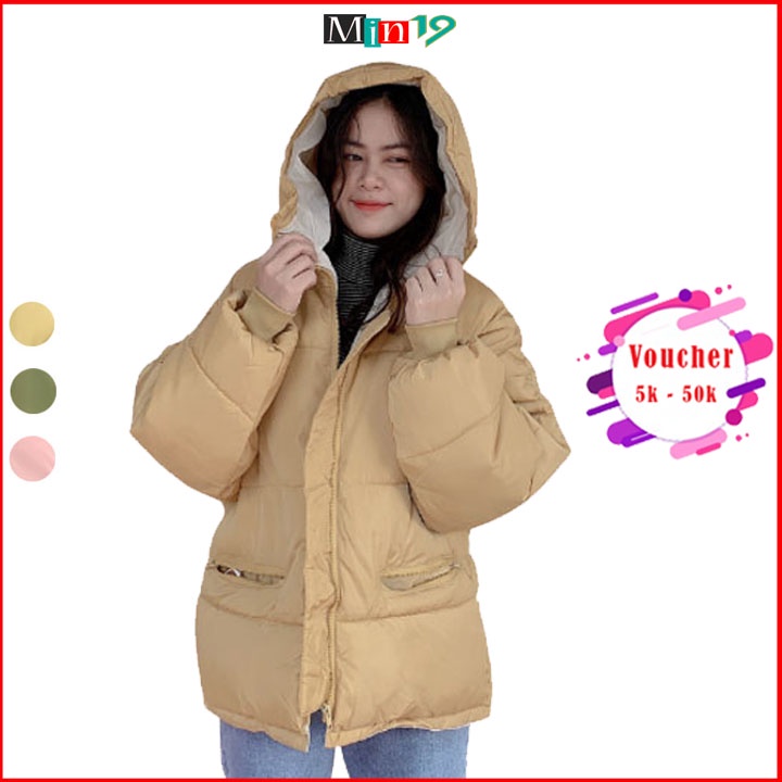 Áo phao nữ Hàn Quốc MIN19 áo khoác form rộng siêu nhẹ dáng dài chùm mông vải kaki chống nước màu vàng hồng thời trang