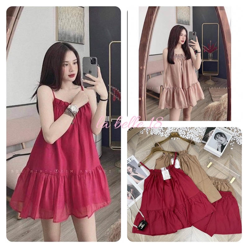Bộ đũi 2 dây dáng xoè chun ngực babydoll dạng váy kèm quần sooc đùi