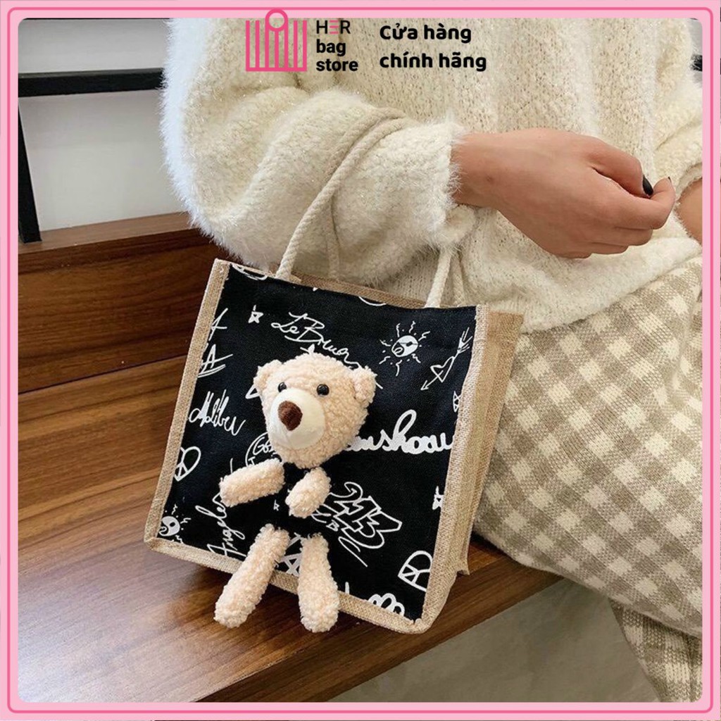 Túi cói hình GẤU bông kute xách tay nữ Hàn Quốc vải dệt lanh canvas túi xinh cho bé đi chơi biển giá rẻ