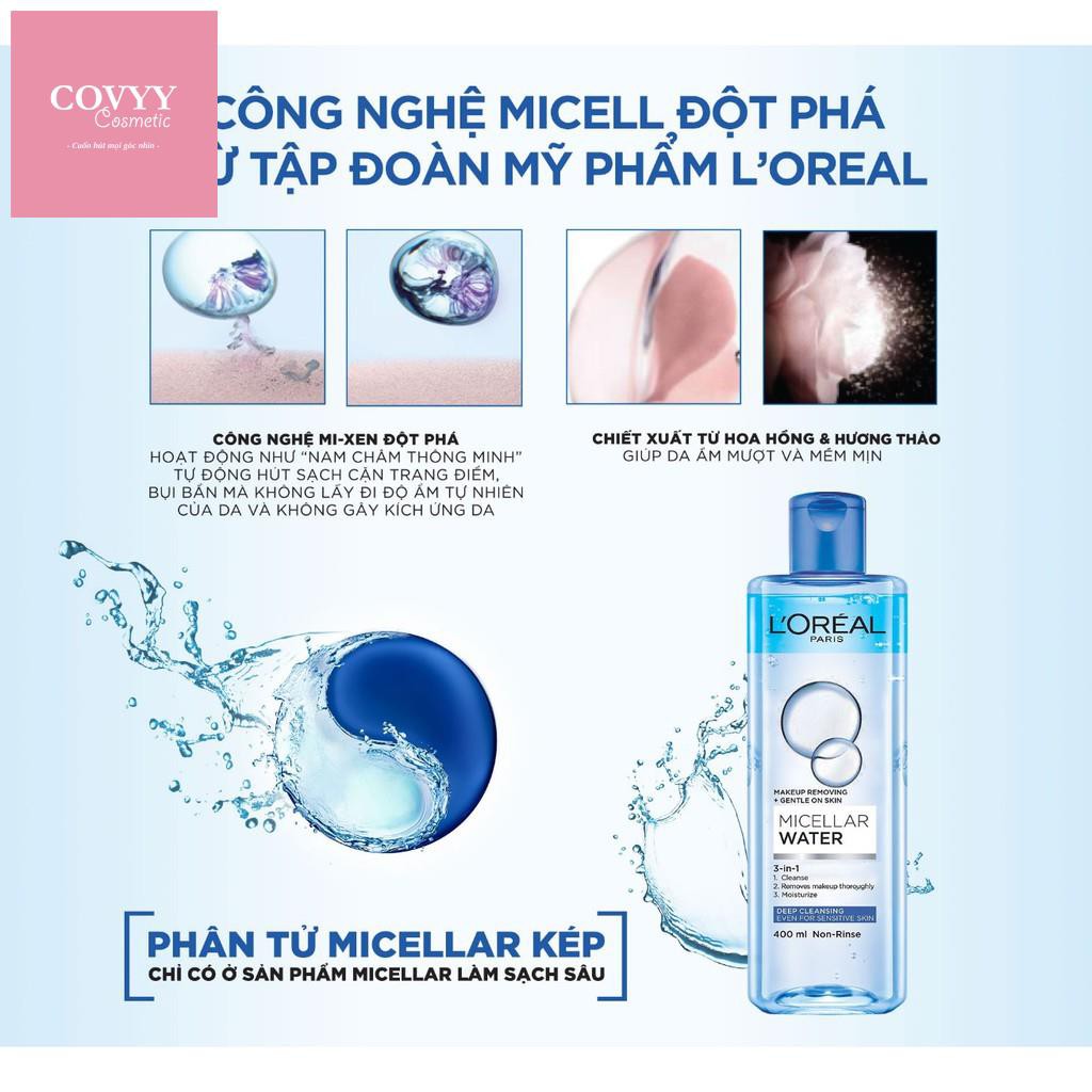 Nước tẩy trang L'Oreal Paris 3-in-1 Micellar Water 400ml [SẠCH BÓNG, SÁNG MỊN] L'Oreal Paris 3-in-1 Micellar Water 400ml