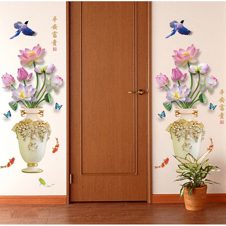 Decal dán tường Bộ đôi bình hoa sen