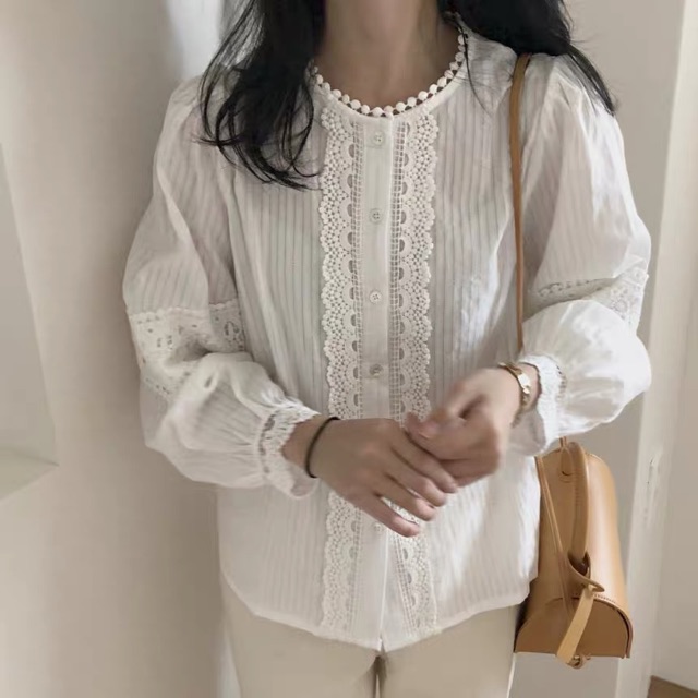 Áo Sơ Mi Nữ Cổ Tròn Viền Ren Tay Bồng Ullzzang (ẢNH THẬT+VIDEO)