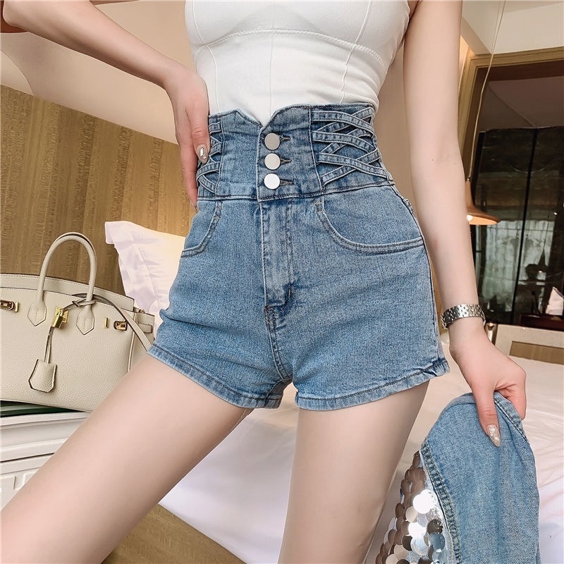 Jeans 2022 summer women's new Korean version fashion simple commuter high waist design slim bag hip wide leg shorts